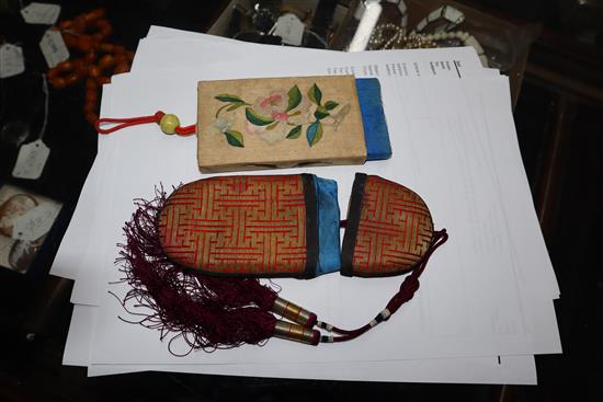 A 19th century Chinese embroidered silk spectacle case and a similar purse